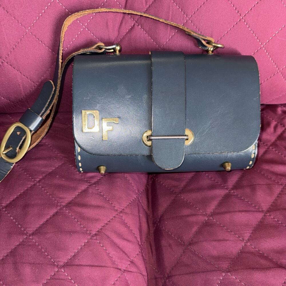 Vtg 1960s Thom Hird DF Monogram Navy Blue Leather Purse Handbag Shoulder Bag